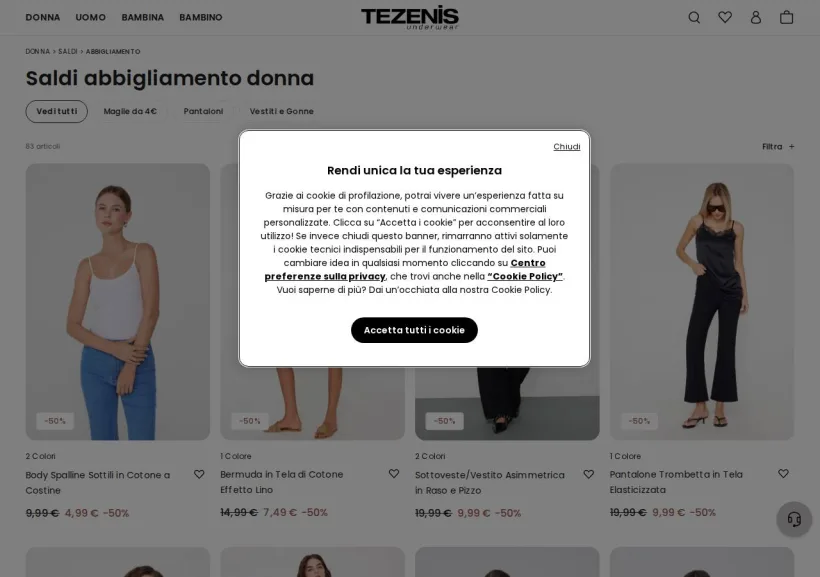 Schermata della pagina offerta di Tezenis