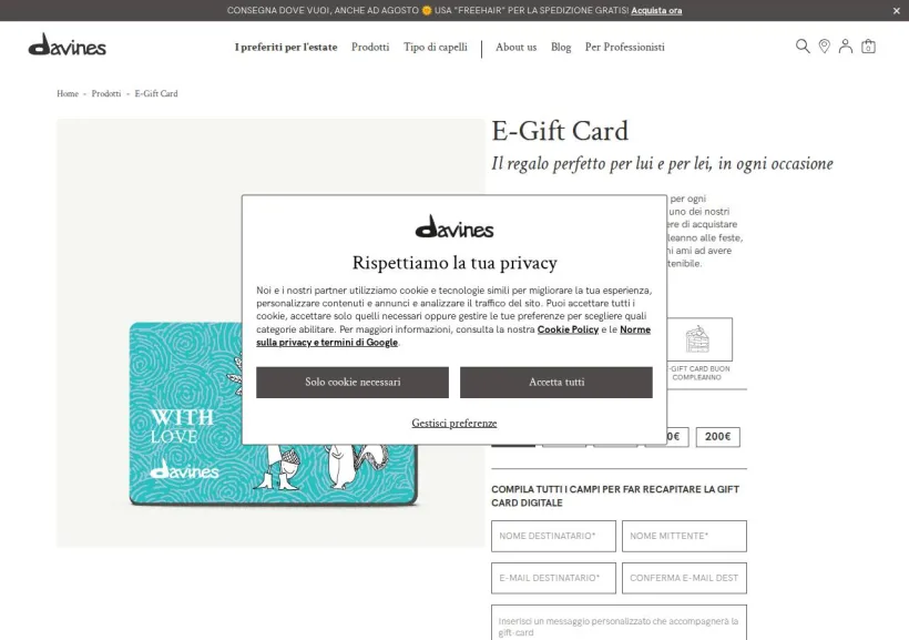 Schermata della pagina offerta di Davines