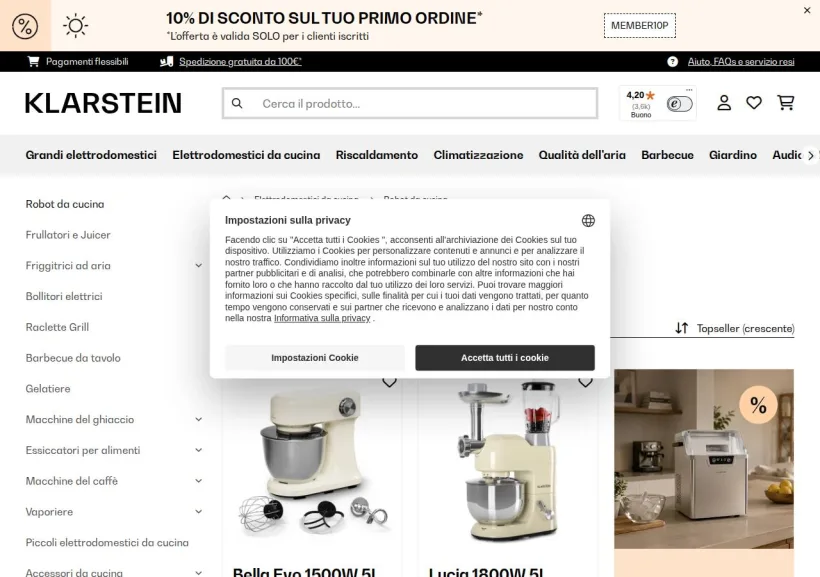 Schermata della pagina offerta di Klarstein