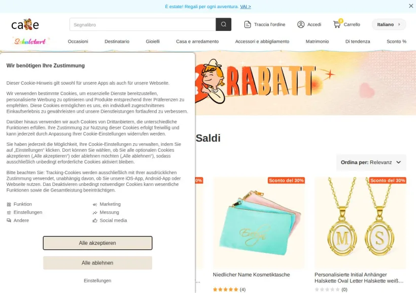 Schermata della pagina offerta di Callie