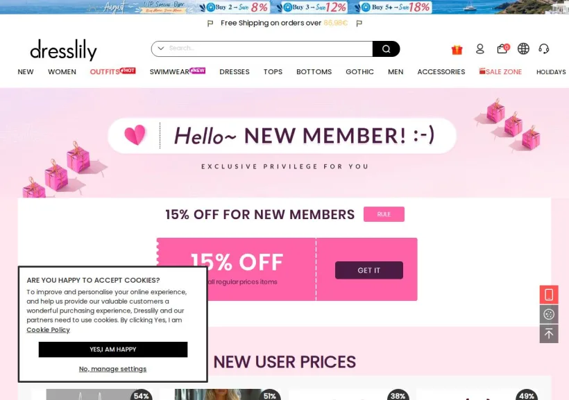 Schermata della pagina offerta di Dresslily