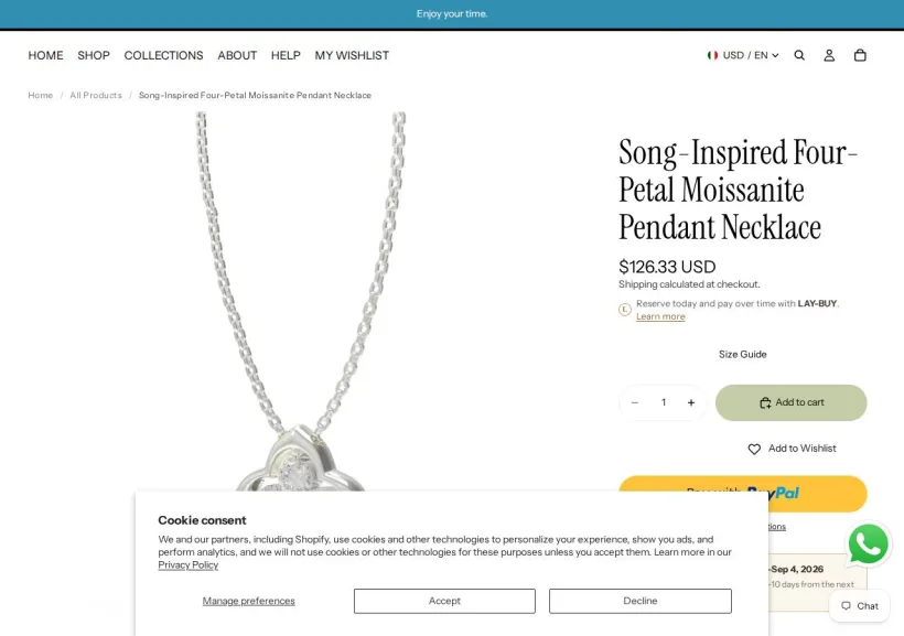 Schermata della pagina offerta di Ophelia Eternity Jewelry