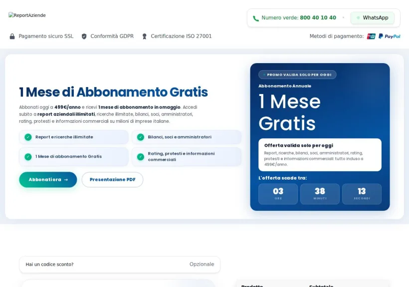 Schermata della pagina offerta di Reportaziende