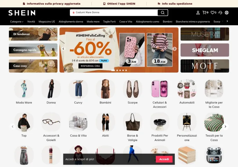 Schermata della pagina offerta di Shein