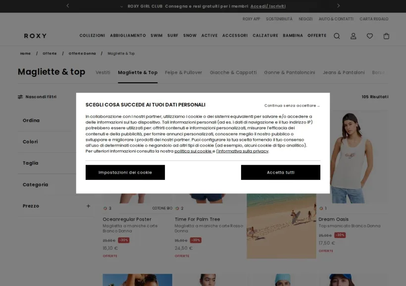Schermata della pagina offerta di Roxy