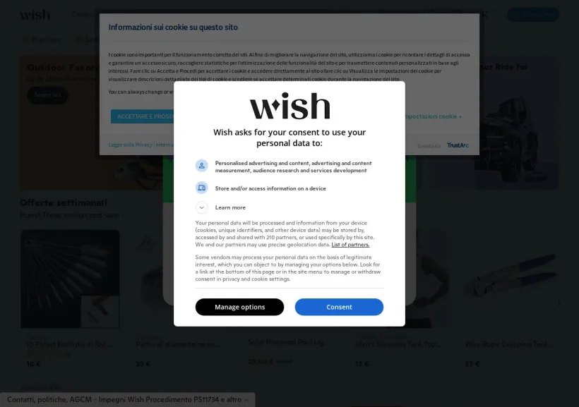Schermata della pagina offerta di Wish