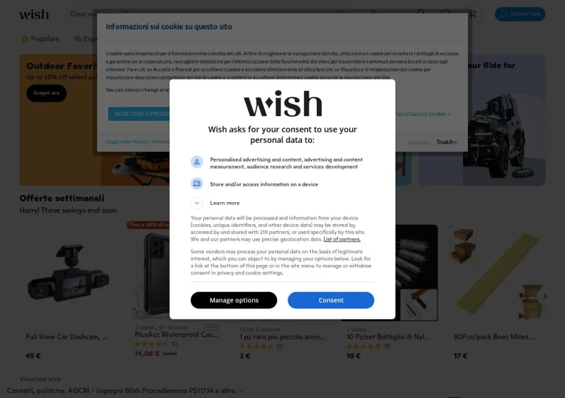 Schermata della pagina offerta di Wish