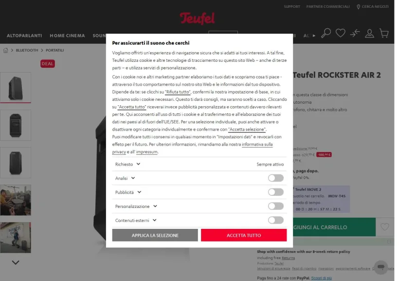 Schermata della pagina offerta di Teufel