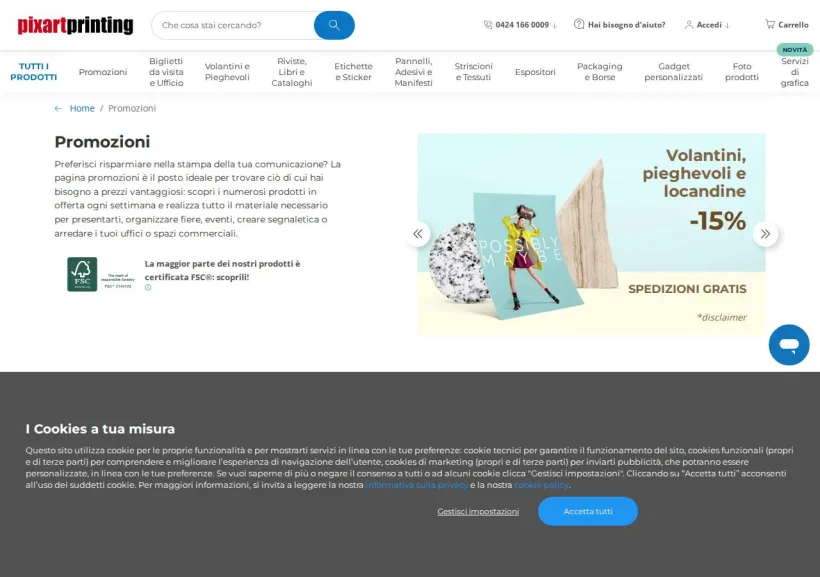Schermata della pagina offerta di Pixartprinting