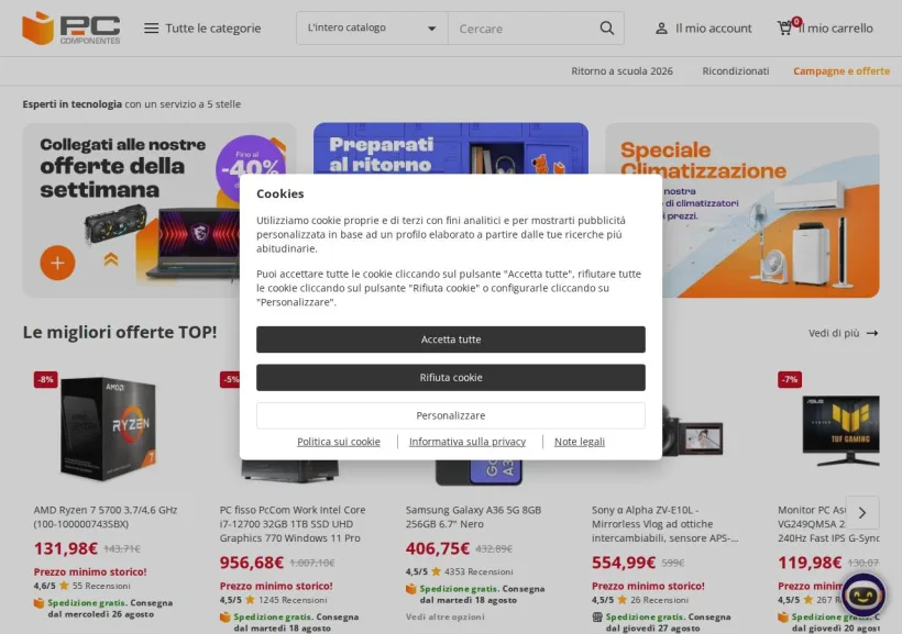Schermata della pagina offerta di Pc Componentes