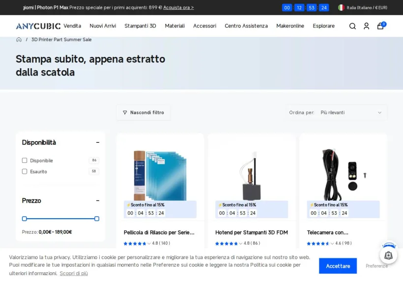 Schermata della pagina offerta di Anycubic