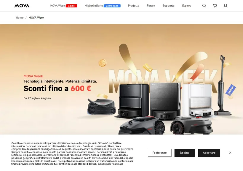 Schermata della pagina offerta di Mova