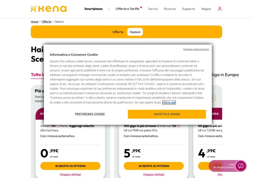 Schermata della pagina offerta di Kenamobile
