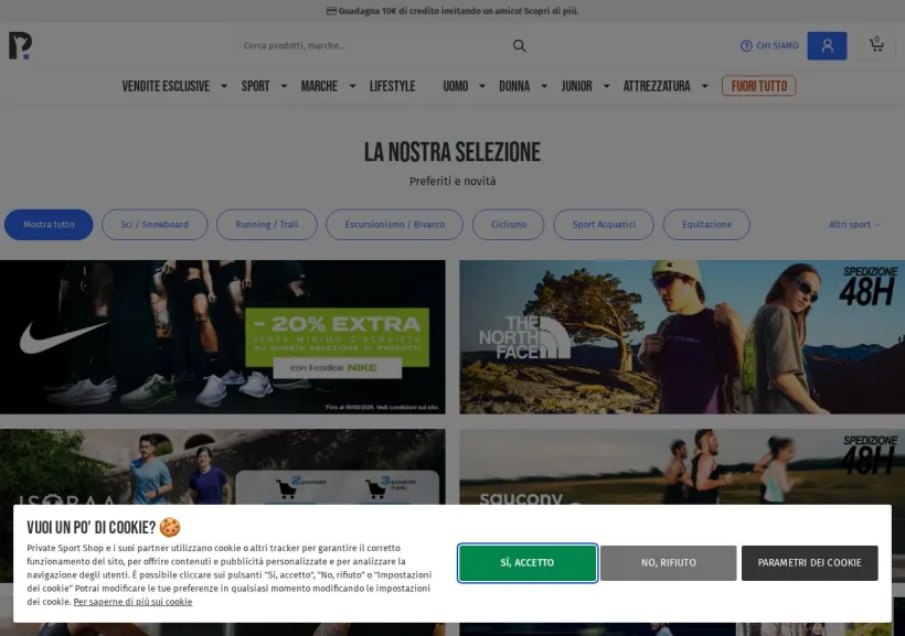 Schermata della pagina offerta di Private Sport Shop