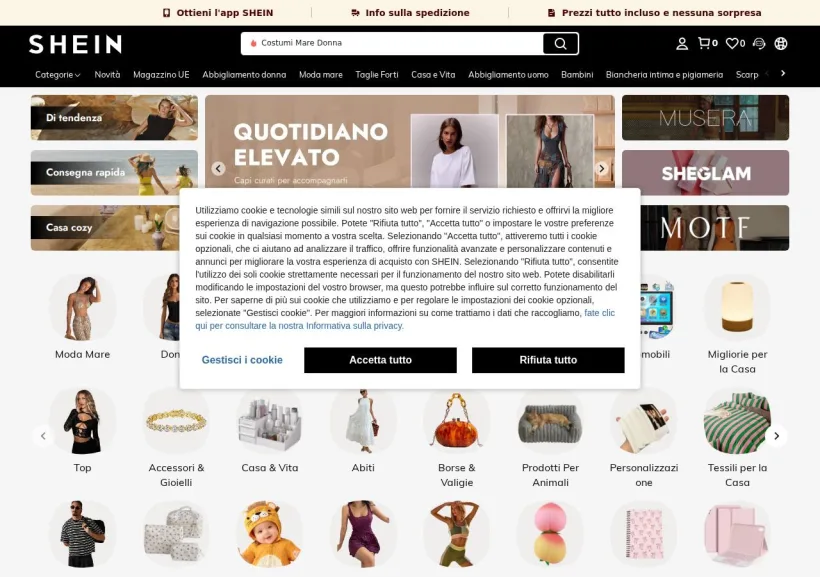 Schermata della pagina offerta di Shein
