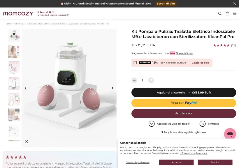 Schermata della pagina offerta di Momcozy