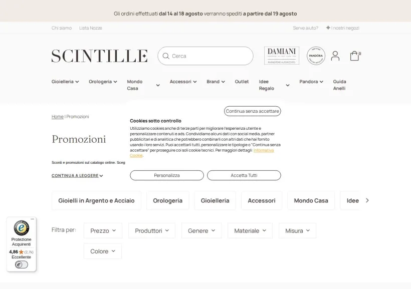 Schermata della pagina offerta di SCINTILLE