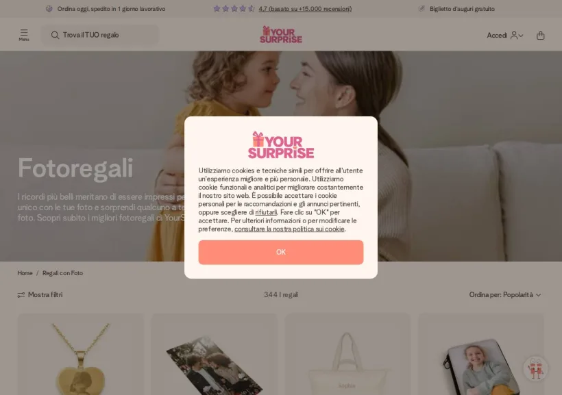 Schermata della pagina offerta di yoursurprise