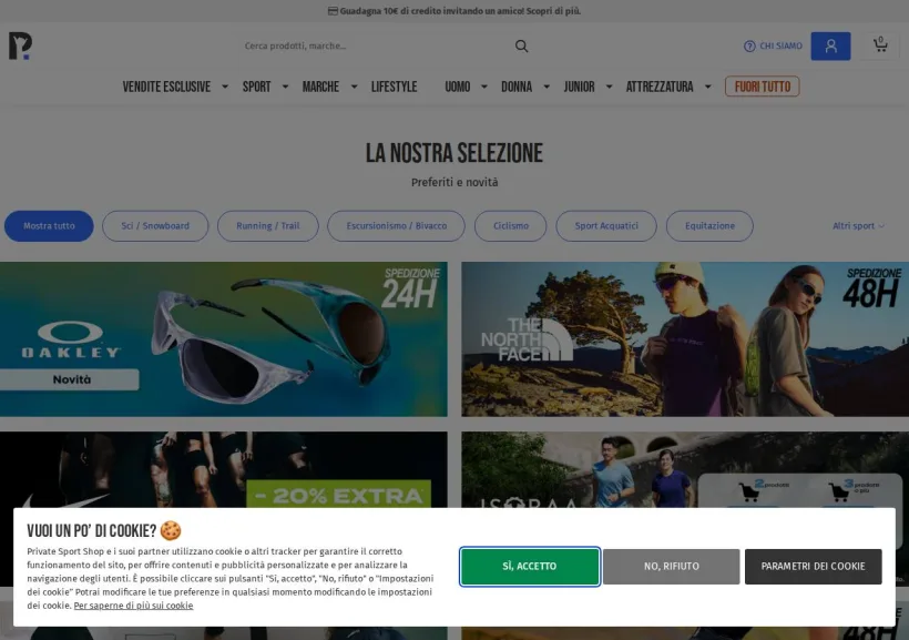 Schermata della pagina offerta di Private Sport Shop