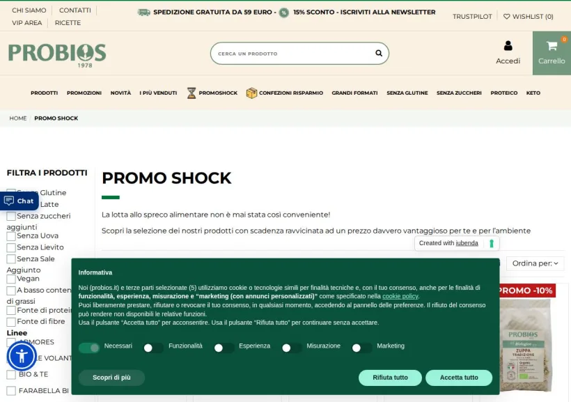 Schermata della pagina offerta di Probios