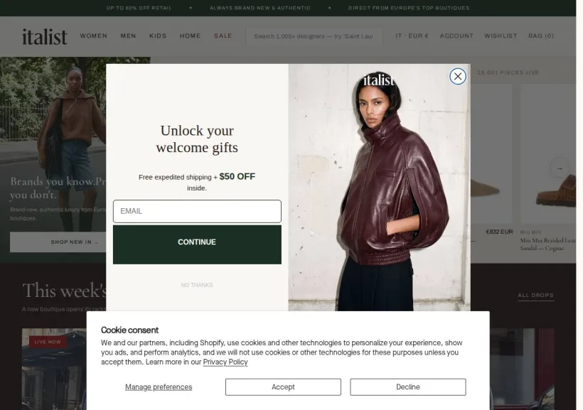 Schermata della pagina offerta di Italist