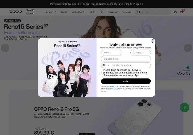 Schermata della pagina offerta di Oppo