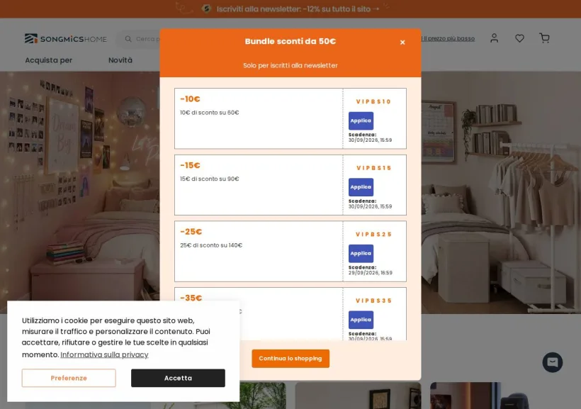 Schermata della pagina offerta di Songmicshome