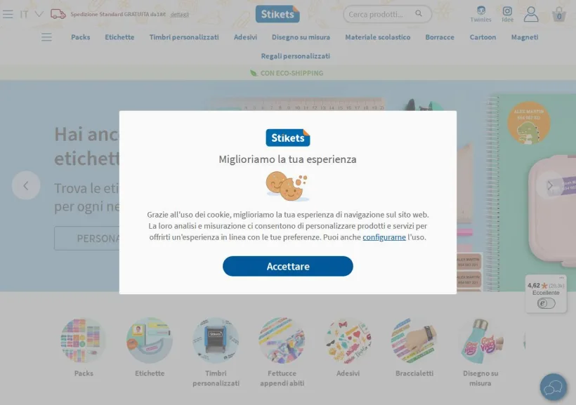 Schermata della pagina offerta di Stikets