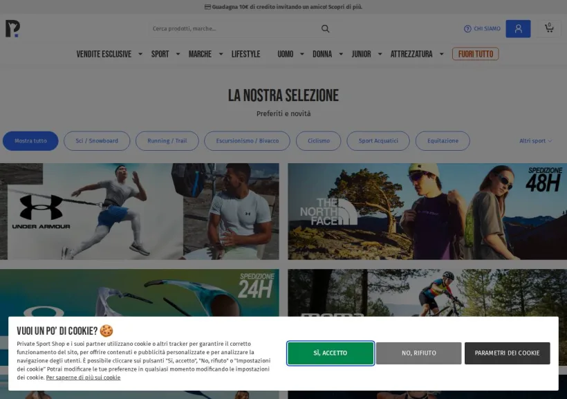 Schermata della pagina offerta di Private Sport Shop