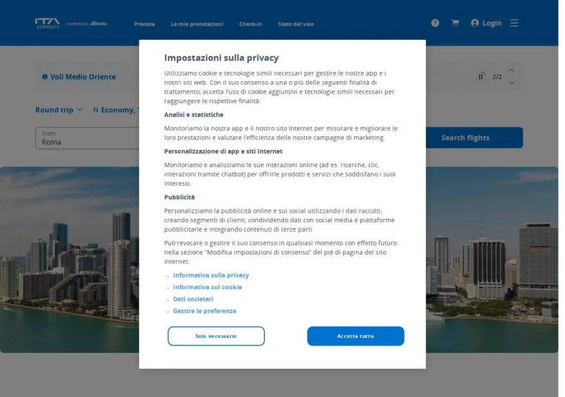 Schermata della pagina offerta di ITA Airways