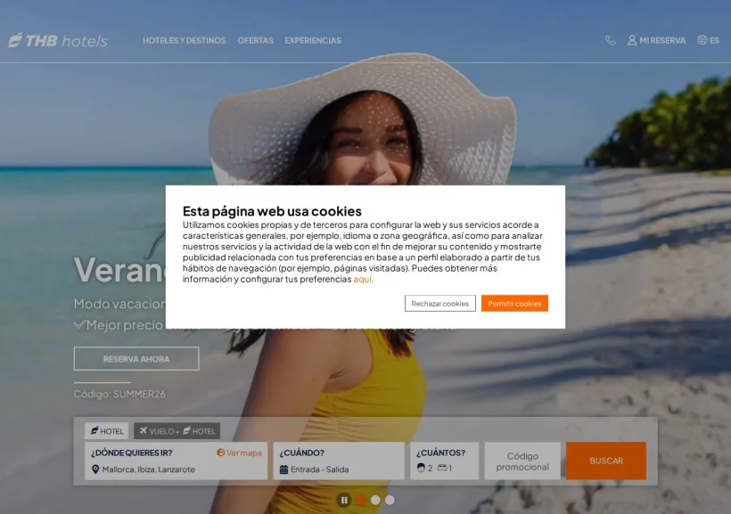 Schermata della pagina offerta di THB Hotels