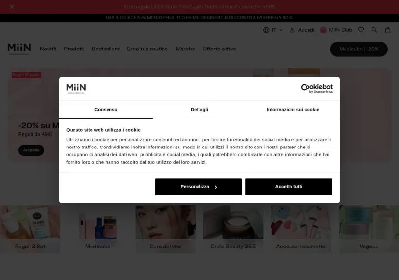 Schermata della pagina offerta di Miin Cosmetics