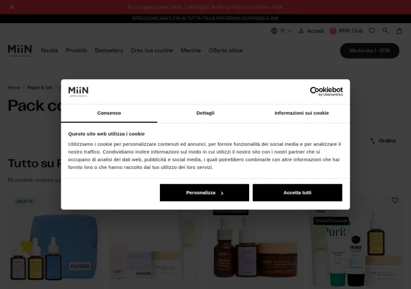 Schermata della pagina offerta di Miin Cosmetics