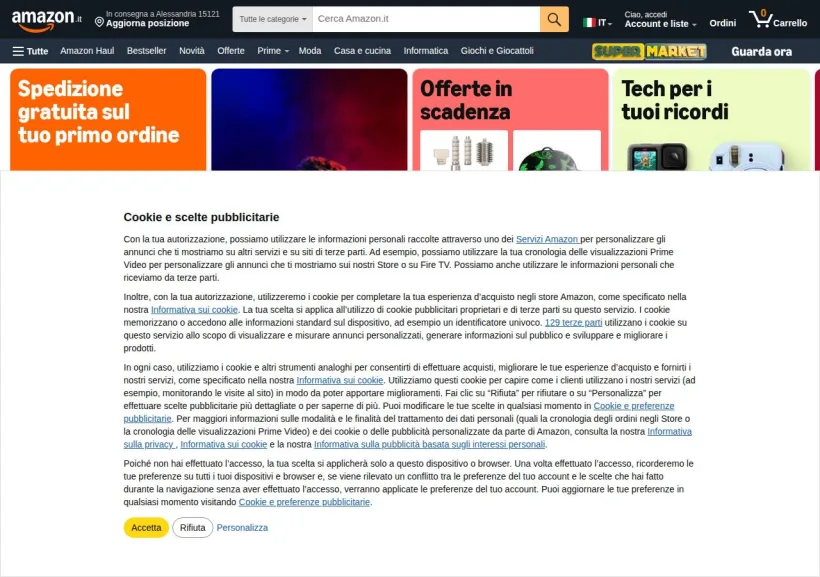Schermata della pagina offerta di Amazon