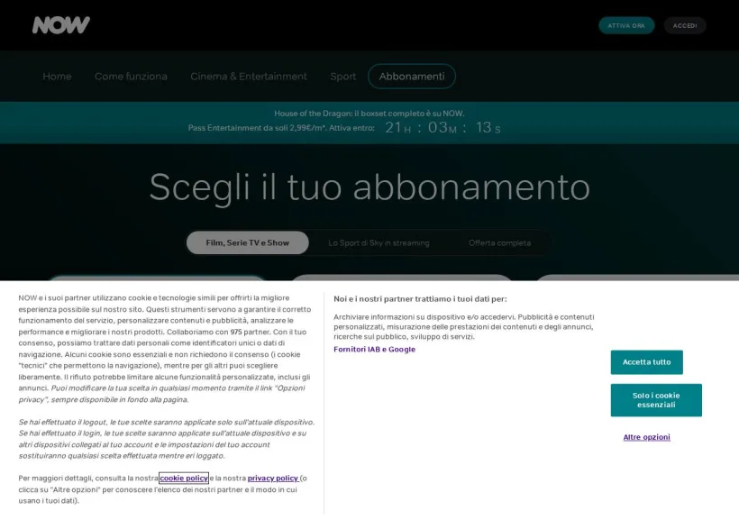Schermata della pagina offerta di Now TV