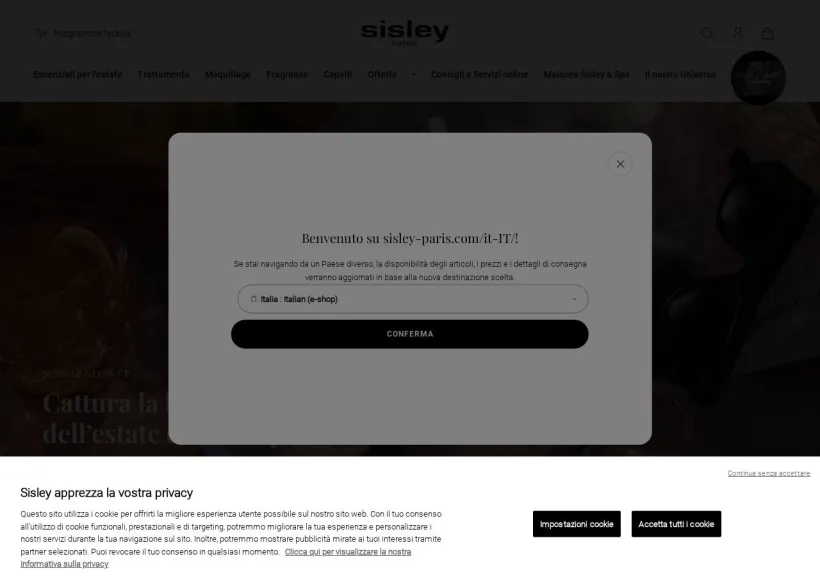 Schermata della pagina offerta di Sisley Paris