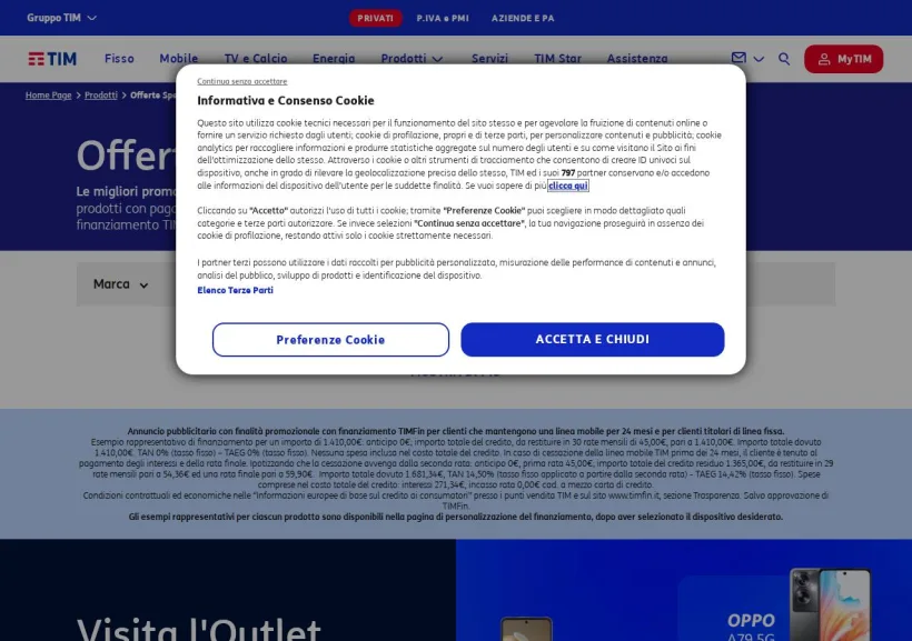 Schermata della pagina offerta di TIM