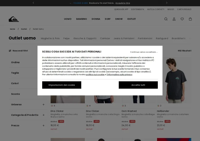 Schermata della pagina offerta di Quiksilver 