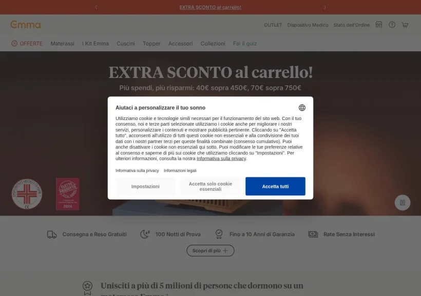 Schermata della pagina offerta di Emma Mattress