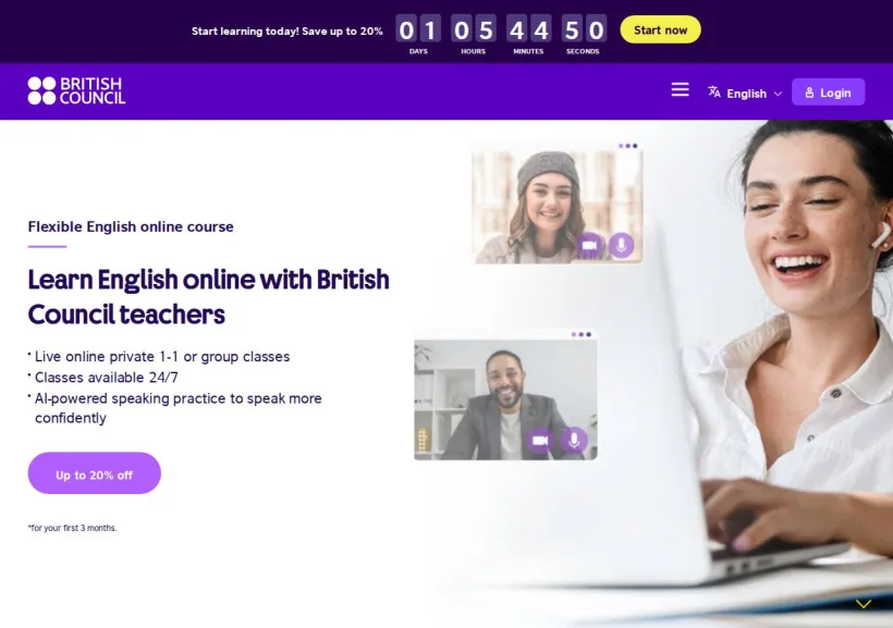 Schermata della pagina offerta di British Council