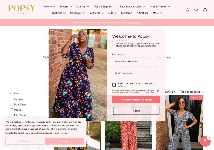 Schermata della pagina offerta di POPSY CLOTHING