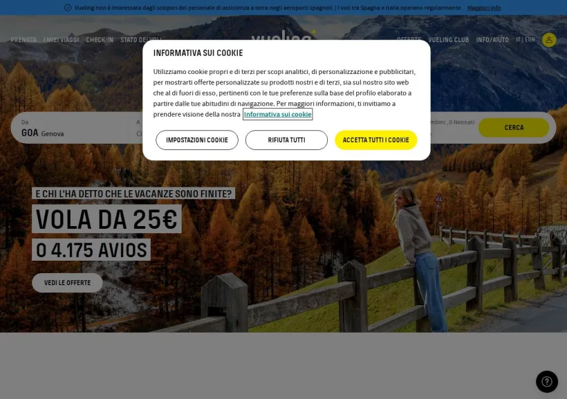 Schermata della pagina offerta di Vueling