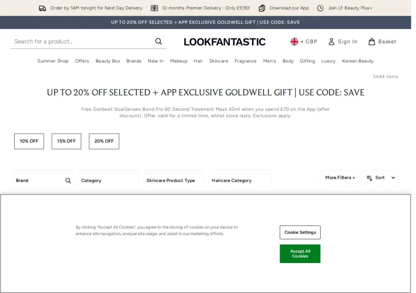 Schermata della pagina offerta di Look Fantastic