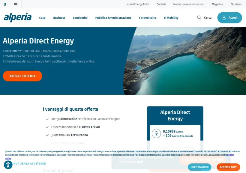 Schermata della pagina offerta di Alperia