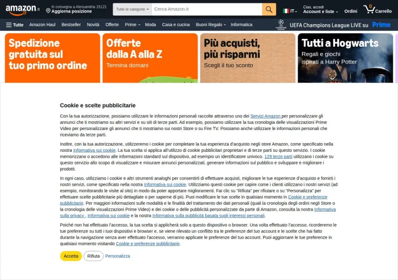 Schermata della pagina offerta di Amazon
