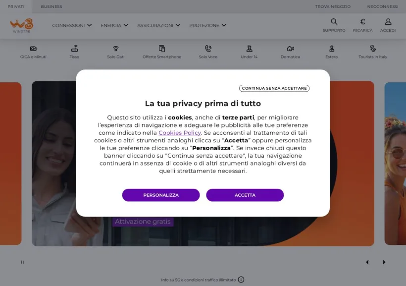 Schermata della pagina offerta di Wind Tre
