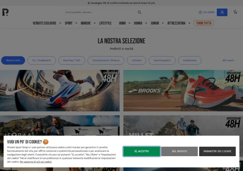 Schermata della pagina offerta di Private Sport Shop