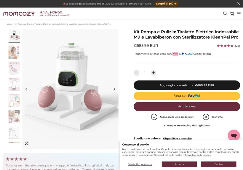 Schermata della pagina offerta di Momcozy