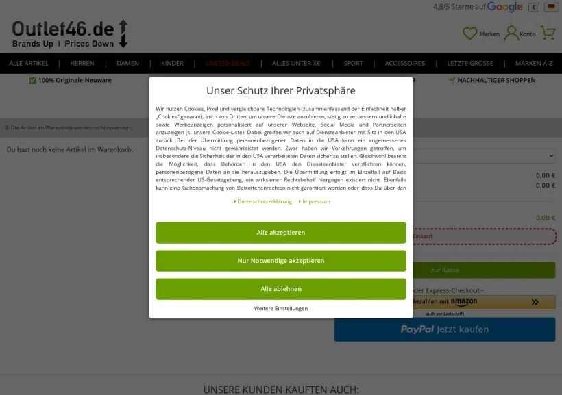 Schermata della pagina offerta di Outlet46