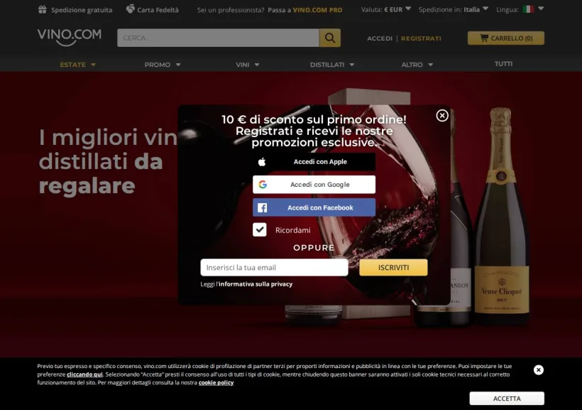 Schermata della pagina offerta di Vino.com